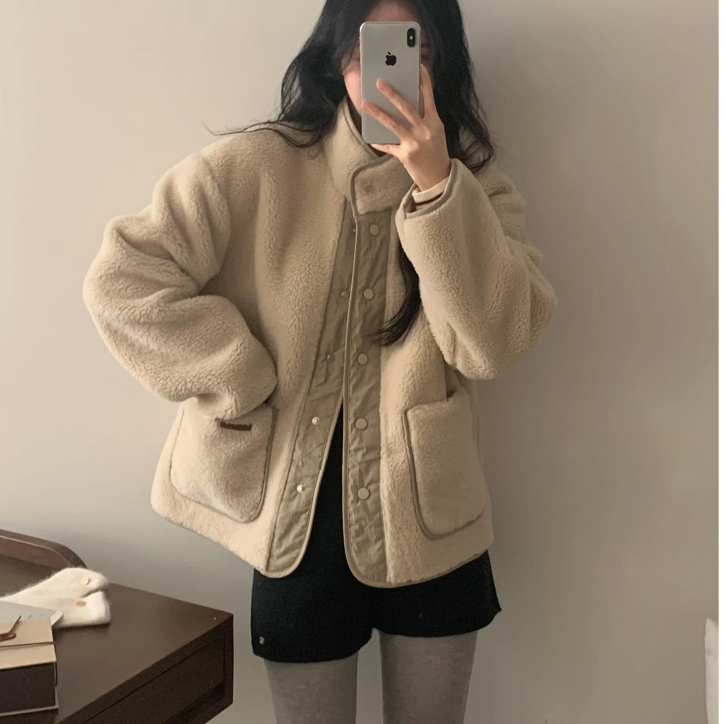 

Ladies Thiened Lamb Fur Jaet Stand Collar Open Cardigan Loose Sle Faionable Autumn Winter New Design Korean Version Coat