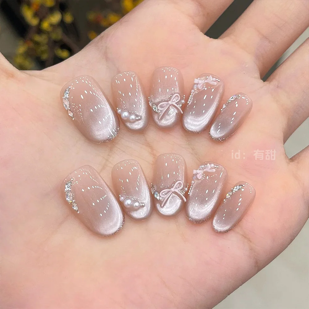 Gentle French Shining Style Bare Pink Cat Eye Bowknot Diamond Nail Art Hand-Drawn Flower Apple Pearl Fake Nail Birthday Gift