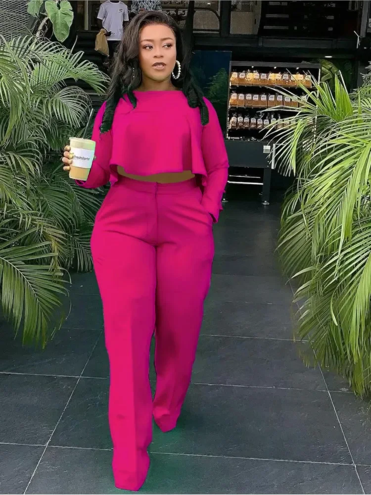 

Two Piece Set Women Spring Summer Elegant Long Sleeve Crop Top Pants Sets Work Suit Woman Fashion Solid Color 2 Piece Set