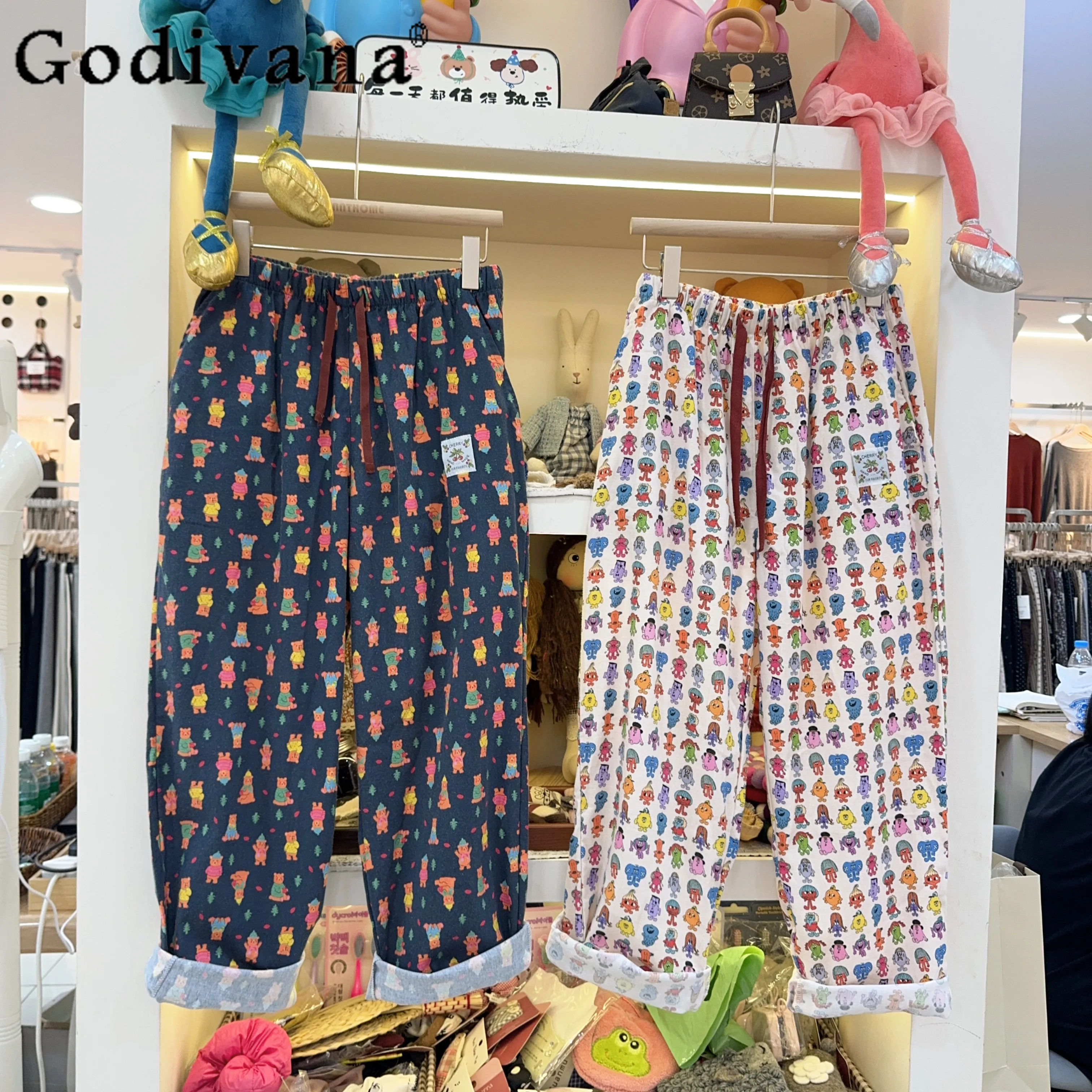 

Пижамные штаны из 100% чистого хлопка, новые осенние свободные универсальные повседневные носимые домашние штаны с милым щенком из мультфильма для женщин