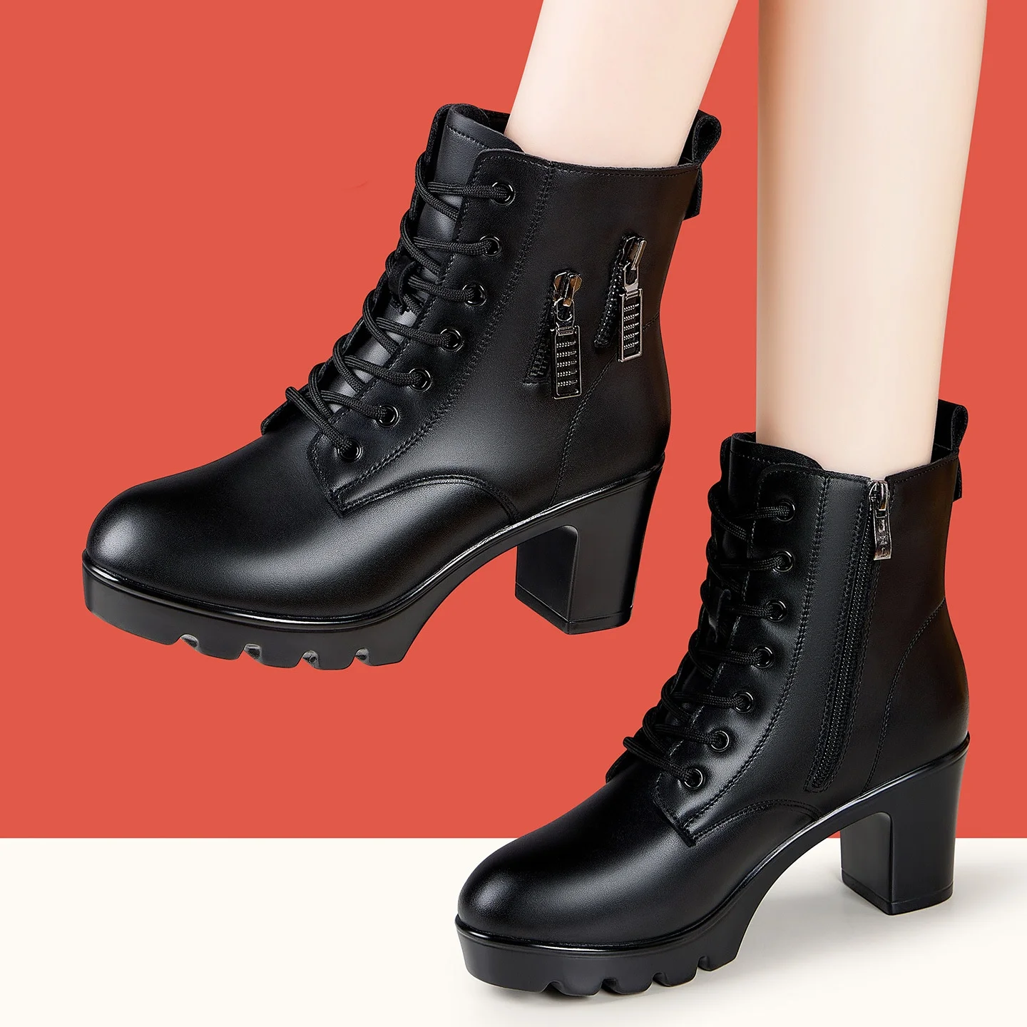 

Удобные ботинки из мягкой кожи, 6,5 см, 8,5 см, женская обувь на платформе, зимние ботинки на высоком каблуке 2025, теплые мотоциклетные ботильоны на меху