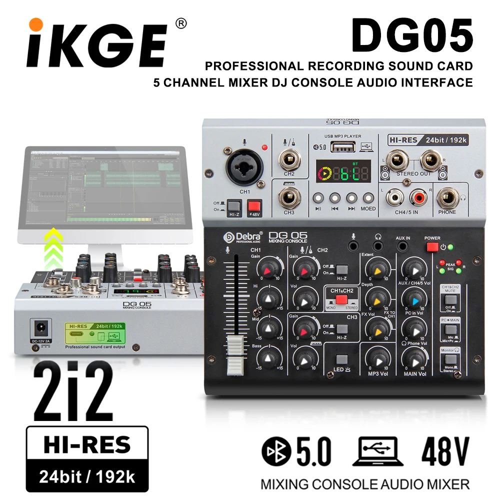 

DG05 Professional Audio Mixer, 24bit 192k sound card audio DJ mixer, 5.0 BT, for computer, live webcasting, recording studio