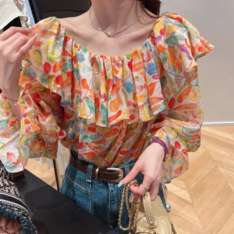 Retro Printed Ruffles Slash Neck Off Shoulder Shirts Spring New Fashionable All-match Flare Sleeve Pullover Women Blouse Tops