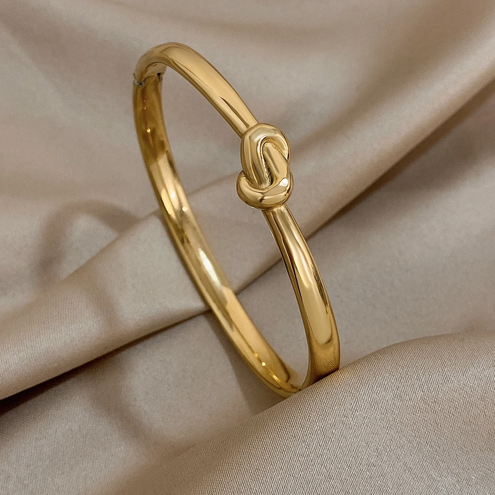 FLASHBUY Trendy Smooth Gold Color Twist Knot Stainless Steel Bangles Bracelets for Women New Simple Waterproof Jewelry