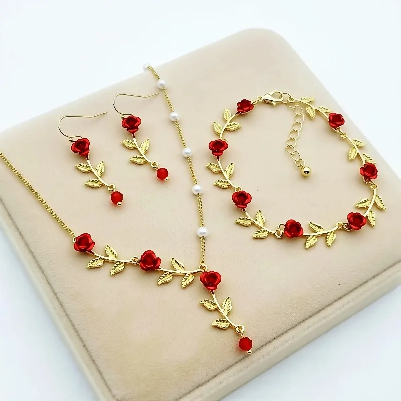 4pcs/set Retro Style Red Rose Pendant Necklace Earring Bracelet Women's Daily Wear Banquet Party Jewelry Accessories Gifts