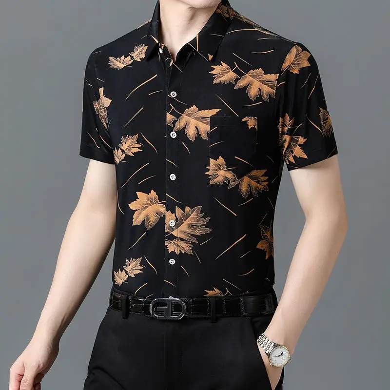 Men\'s Clothing Summer Short Sleeve Plant&Flowers Button Pockets Turn-down Collar Cardigan Shirt Boyfriend Casual Formal Tops