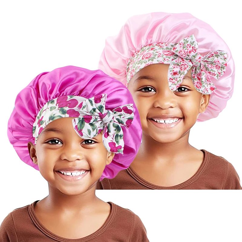 2PCS/LOT Elastic Kids Silky Satin Bonnet Cap Sleeping Hat Night Sleep Baotou Cap Cute Bow Hair Care Nightcap Bonnet Turban