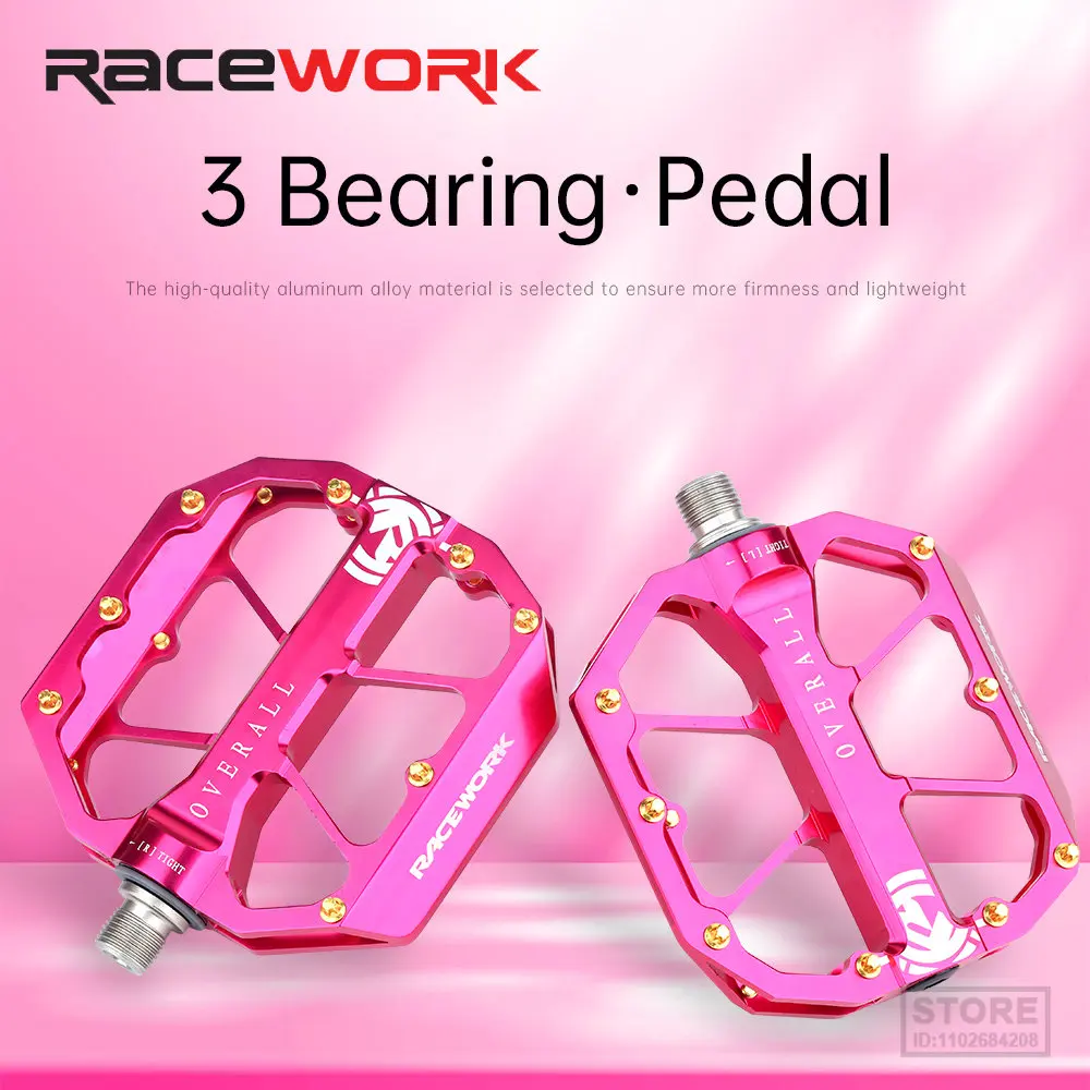 RACEWORK Mountain Bike Pedal 3 Bearing Aluminium Alloy CNC Non-Slip Flat Feet MTB BMX Road Bicycle Pedals