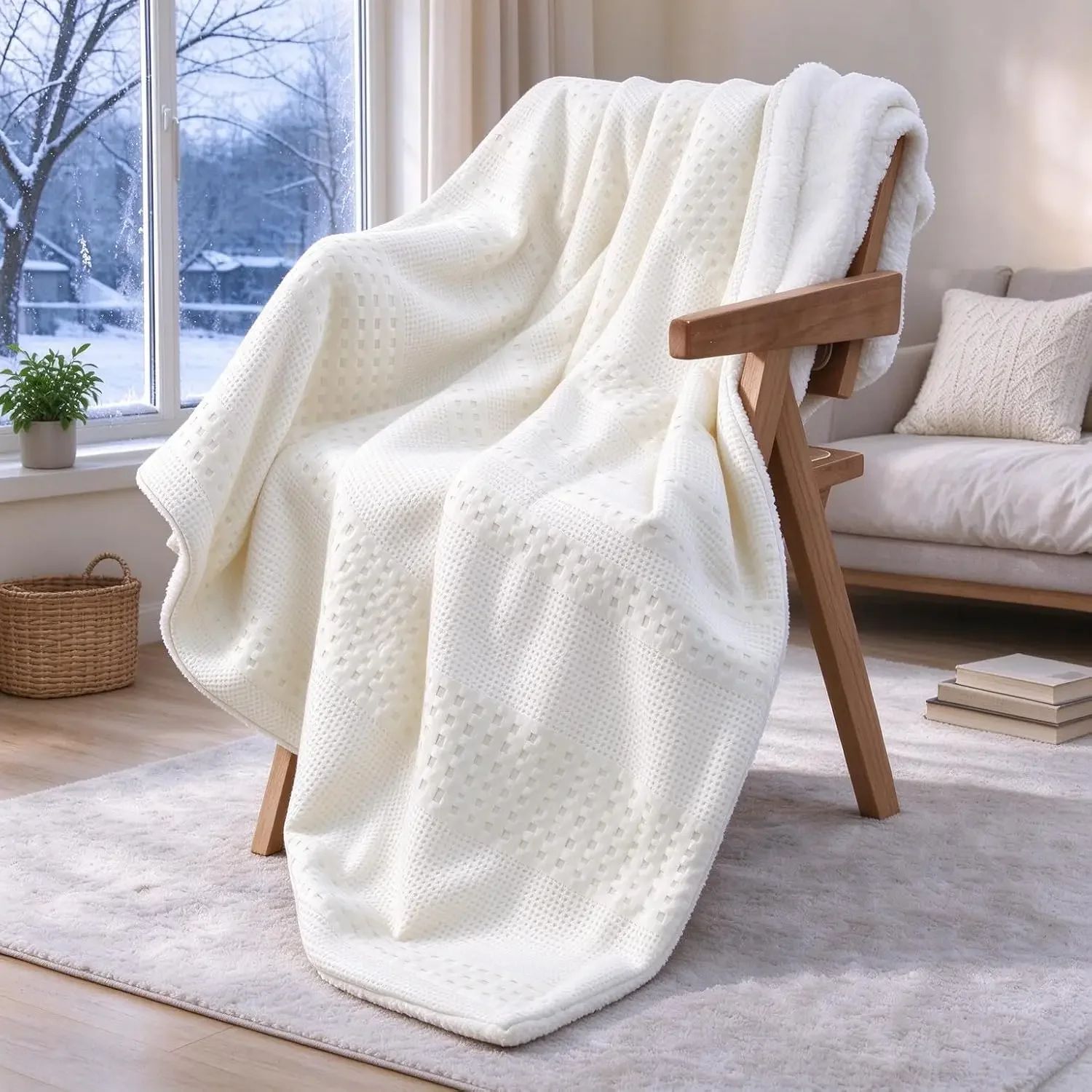 Heated Throw Blanket, Waffle & Sherpa Electric Heated Throw, Soft Warm Blanket for Bed & Couch, White, 50 X 60 in