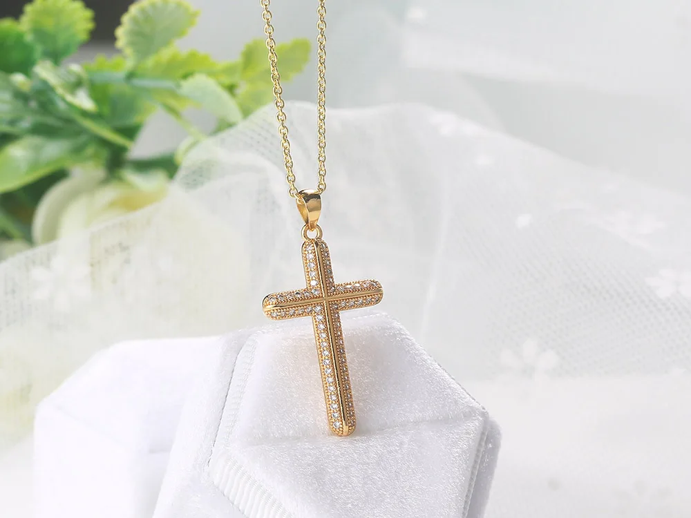 Hochwertige Goldfarbene Zirkon-Kreuz-Anhänger-Halskette, Goth-Choker für Frauen, Halloween-Geschenk, Großhandel Modeschmuck Geschenk – Detail 5