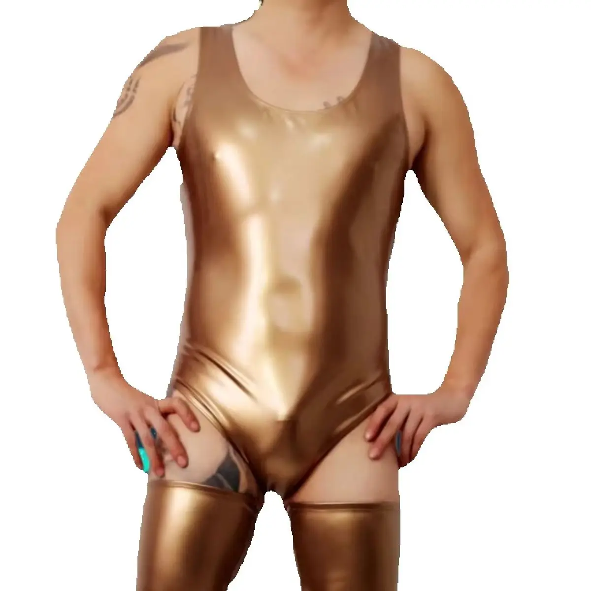 Sommerliches Kunstleder-Tanktop, einteiliger sexy Body mit glänzender Oberfläche, Spiegelkonvex-Schritt, eng anliegender Bodysuit, Tanktop-Shaper