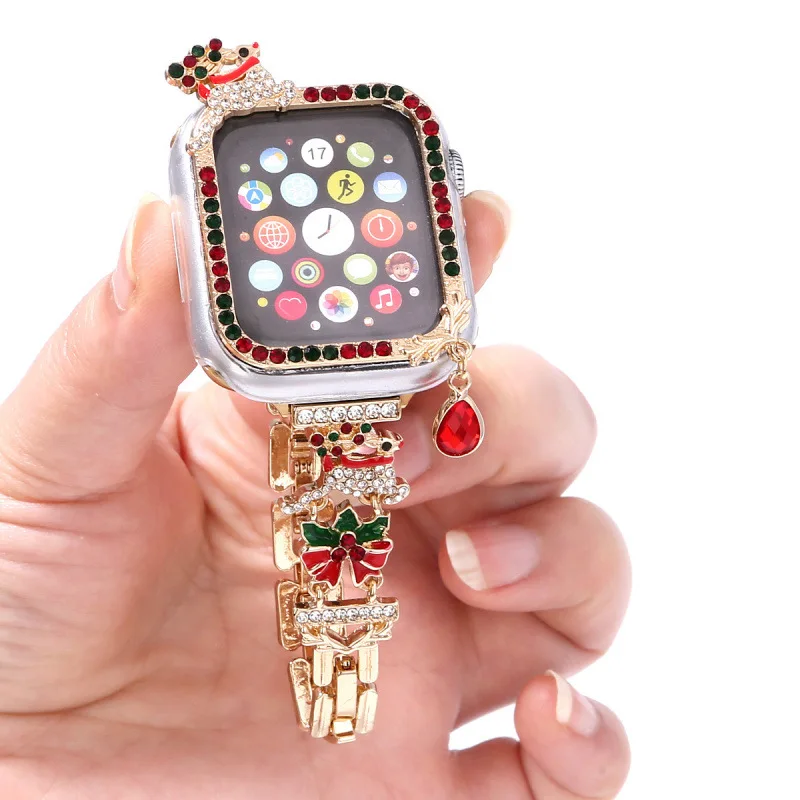 عيد الميلاد حجر الراين + حزام لساعة أبل 5/6/7/8 41 40 مللي متر الفرقة iWatch 45 44 مللي متر حزام الوفير مطعمة مع حجر الراين الكريستال