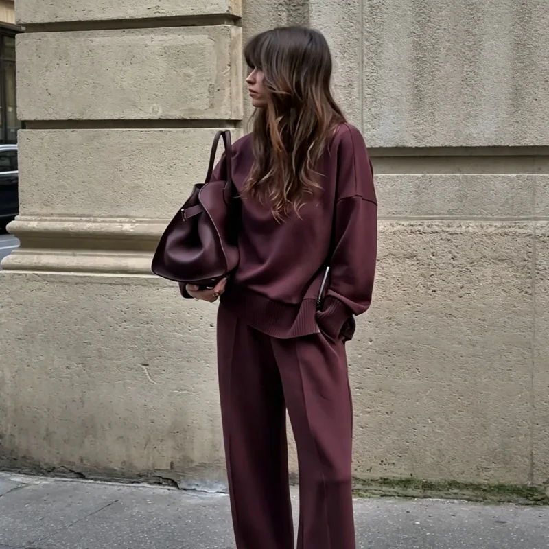 Solides zweiteiliges Damen-Set mit halbhohem Kragen, langen Ärmeln, seitlichem Reißverschluss, lockerem Pullover-Oberteil und gerader Hose, 2026 Damen-Matching-Set.