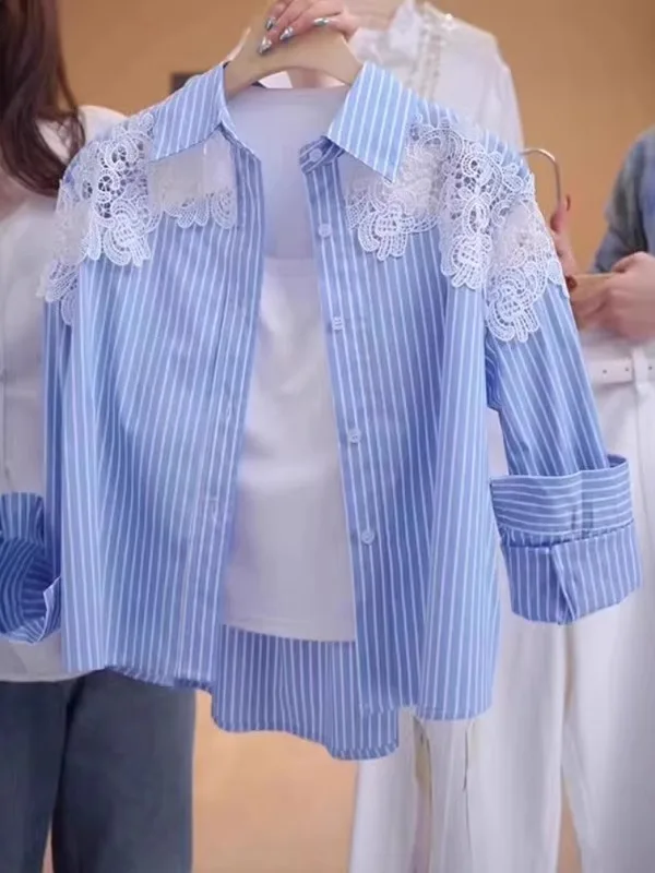 

Большие размеры, синие полосатые длинные свеки, кружевные крючки с цветочным принтом, женские irt, весна-лето, повседневные, для похудения, защита от солнца, корейский Sle