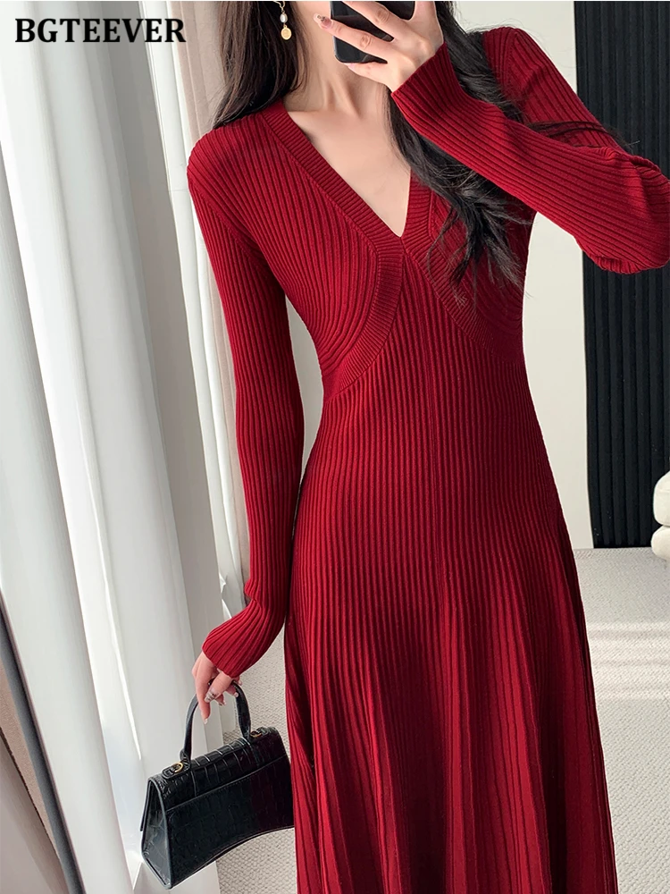 BGTEEVER Stylish V-neck Knitted A-line Dress Women Autumn Winter Full Sleeve Slim Waist Elegant Female Solid Sweater Dress