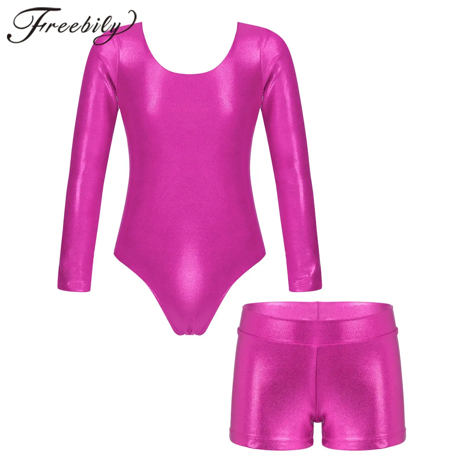 

Kids Girls Long Sleeve Gymnastics Leotard with Shorts Ice Skating Jumpsuit Dancewear Children Ballet Dance Gymnastics Outfits