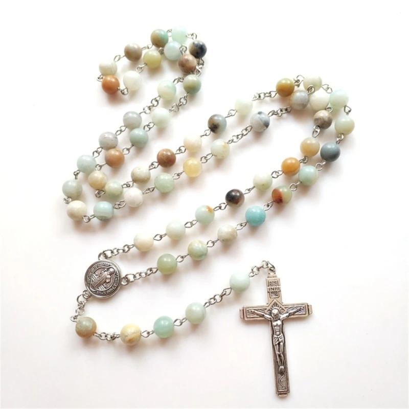 Natural Stone Beads Catholic Rosary Necklace Crucifix Cross Pendant Sweater Chain Necklaces Women Religious Jewelry Gift