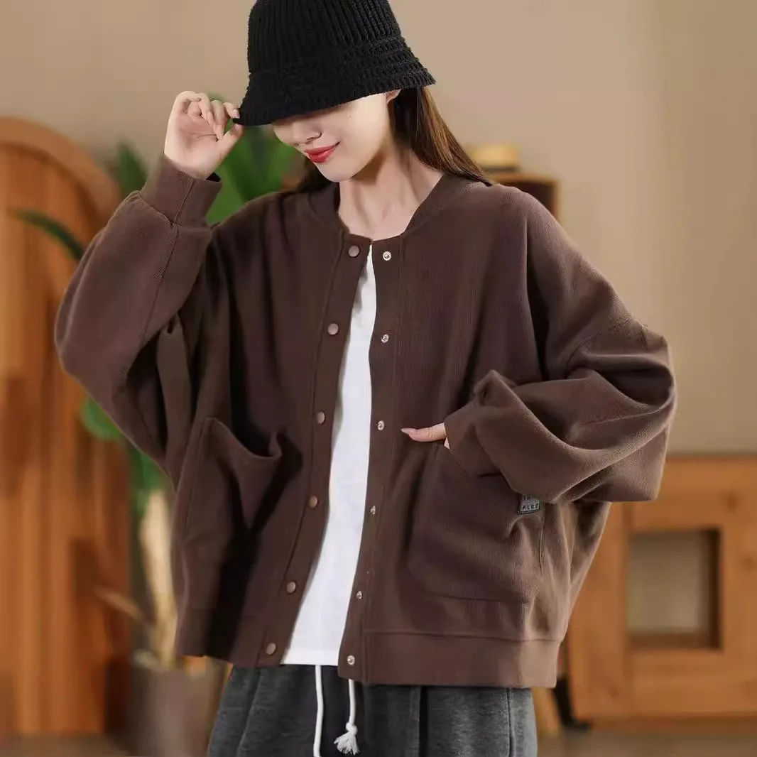 Women Autumn And Winter High Quality Knitted Cotton Jacket Patch Pocket Stand Collar Korean Version Solid Color Baseball Jacket