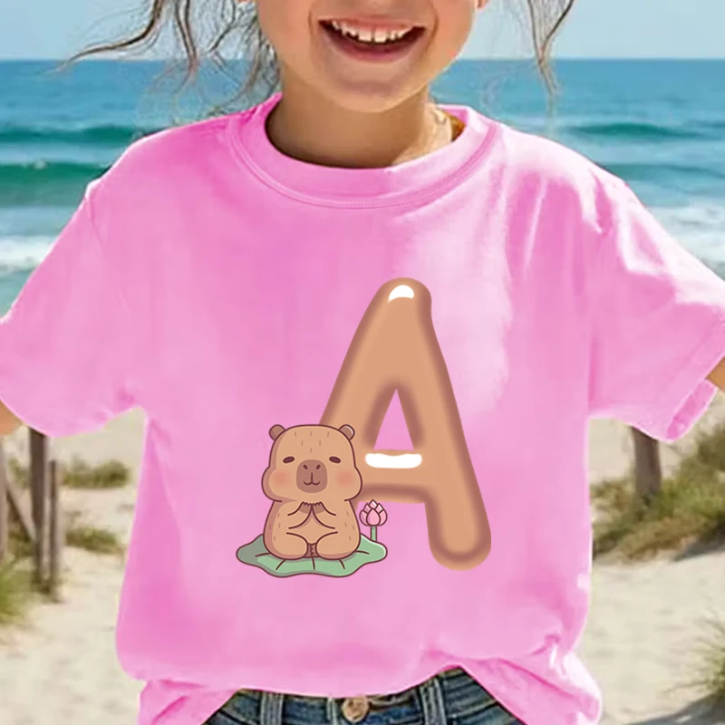 Capybara Kawaii Cartoon Shirt for Children Letters A B C D Animal Design T-Shirts Casual Capybara 26 Alphabet Birthday Gift Tops