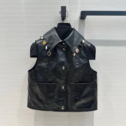 Top Quality 100% Sheepskin Leather Vintage Tank Jacket Women Jewelry Bead Turn-down Collar Sleeveless Pockets Streetwear Vest