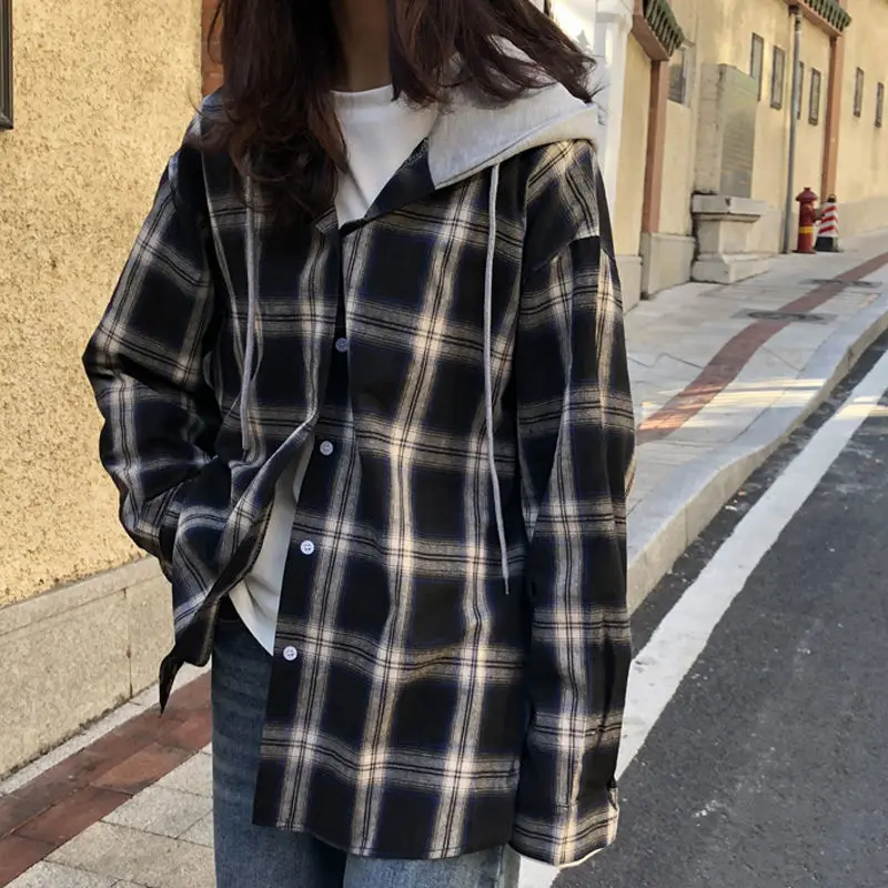 Harajuku camicie scozzesi Vintage camicette Casual a maniche lunghe donna Ulzzang coreano Oversize Top Patchwork con cappuccio Camisas Y Blusas