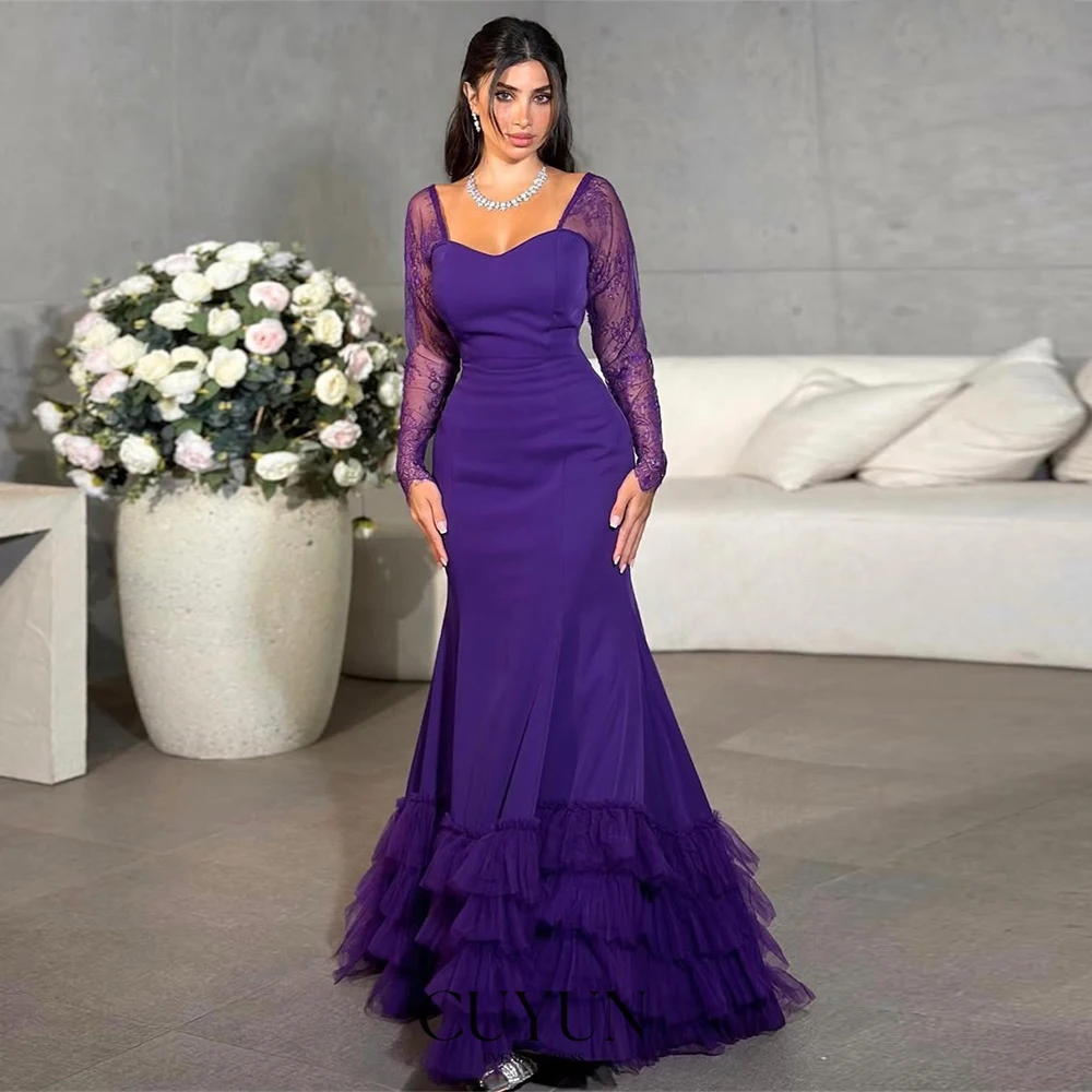 فساتين سهرة للنساء من CUYUN باللون الأرجواني الداكن حورية البحر من الدانتيل وأكمام طويلة متدرجة مطوي للحفلات فستان رسمي مخصص #1