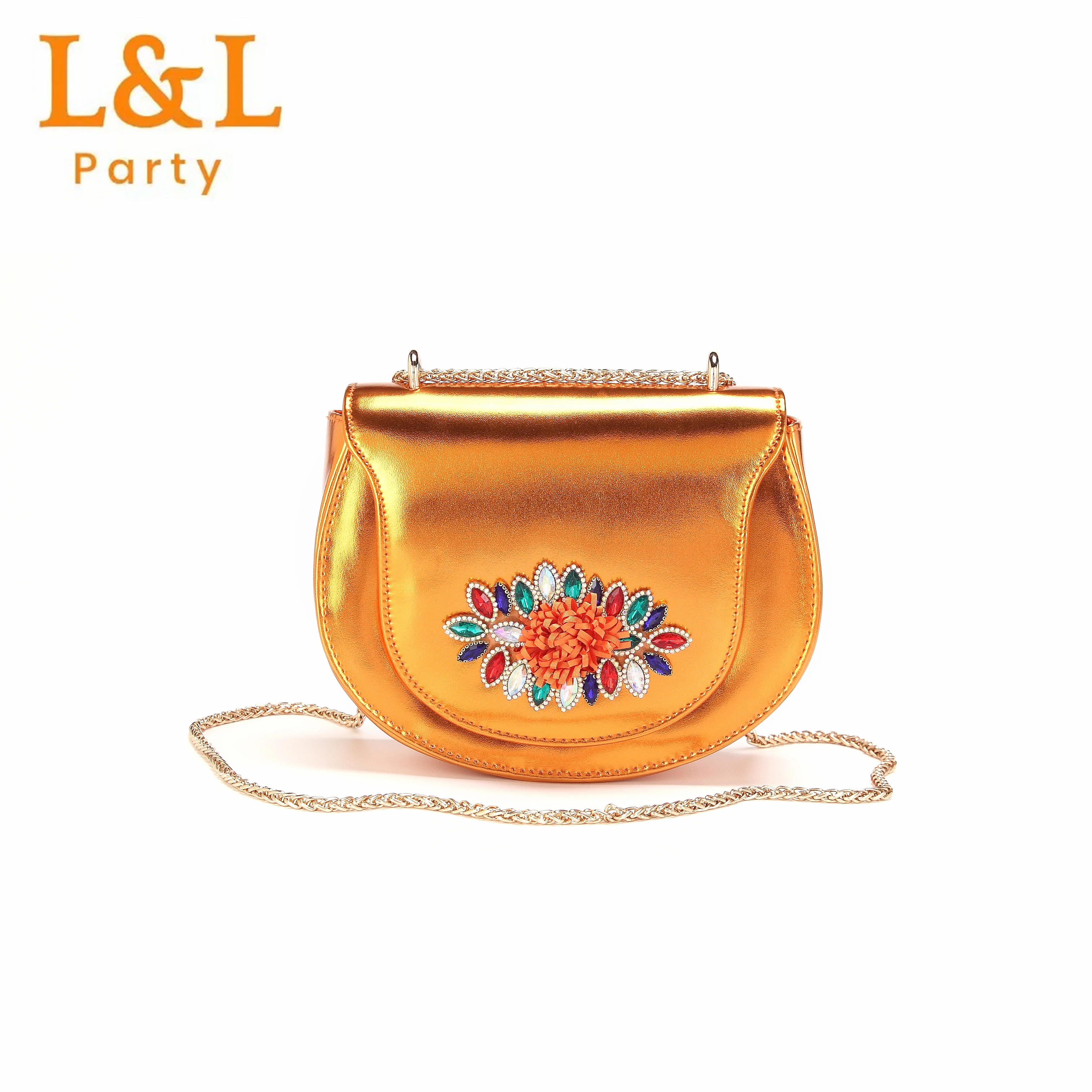 Salto alto de strass completo para mulheres, chinelos elegantes para festa de casamento e conjunto de bolsa cor laranja, moda luxuosa