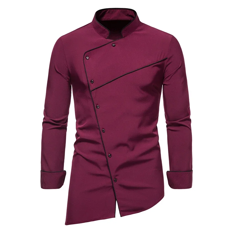 New Men\'s Irregular Color Blocking Long Sleeve Standing Collar Dress Shirt Men\'s Design Button Down Shirt Business Shirt