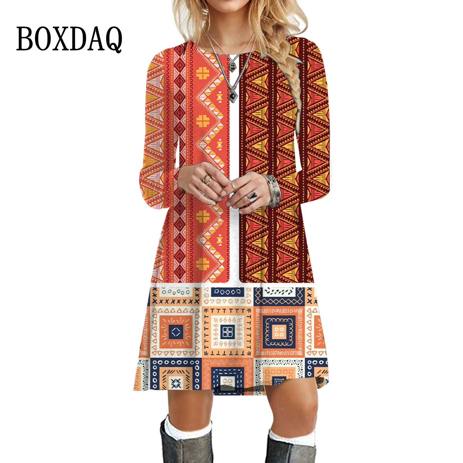 New Geometric Designs Vintage Dresses For Women Oversized Clothing Autumn Long Sleeve Loose Mini Dress Casual Retro A-Line Dress