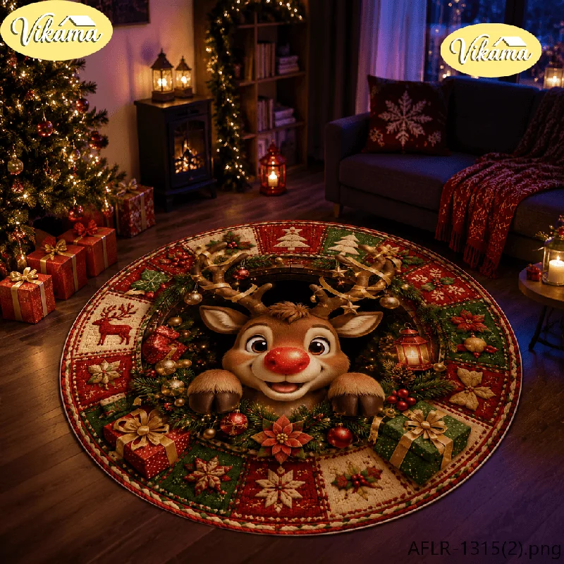 VIKAMA Round Christmas Rug Rudolph Reindeer Peeking Print, Soft Plush Flannel Non-Slip Mat for Home Holiday Decor