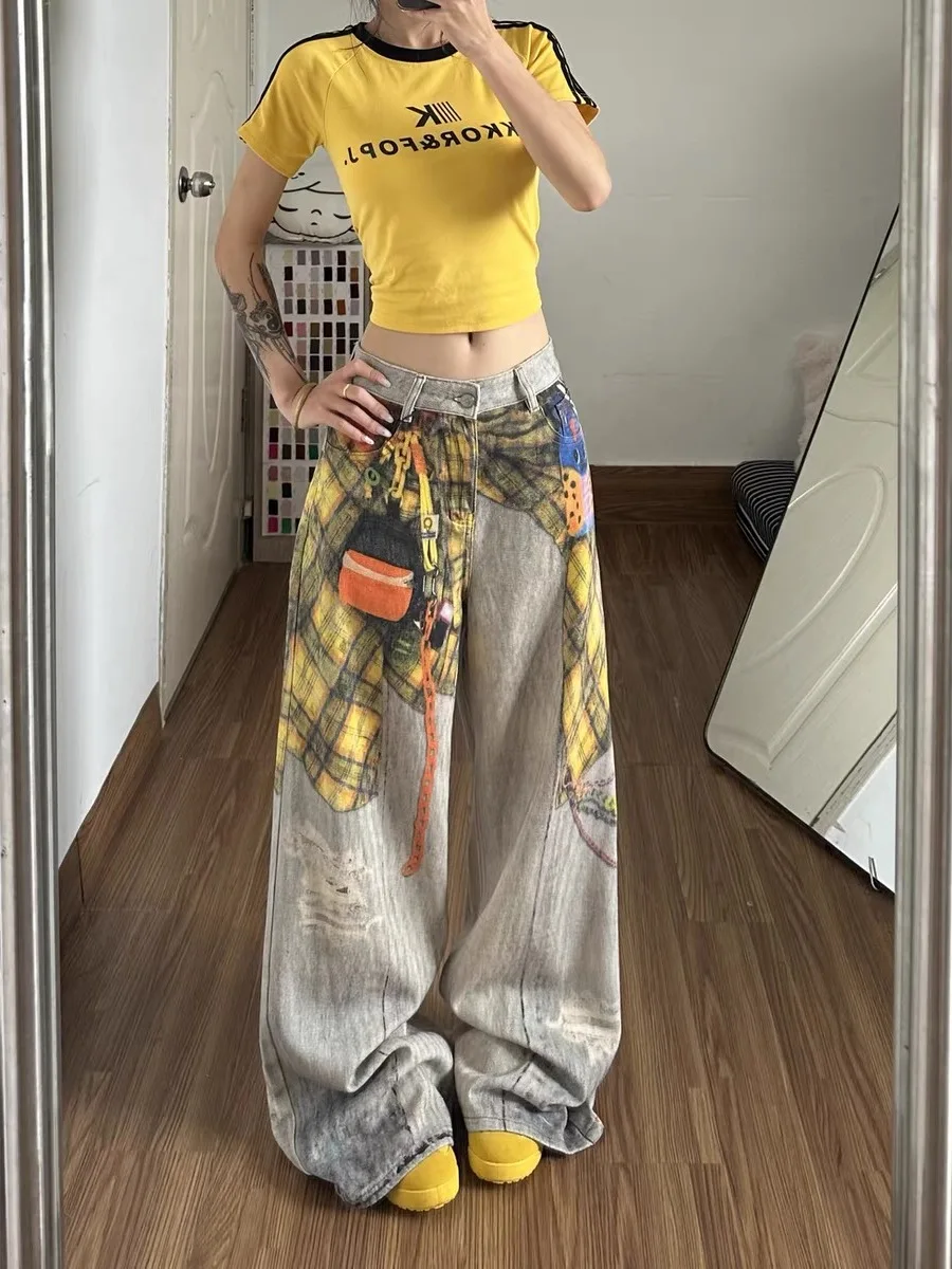 

Retro American Printed Denim Pants Women's Summer Fashion Loose Wide Leg Floor-Length Pants High Waist Pocket Medium Softness