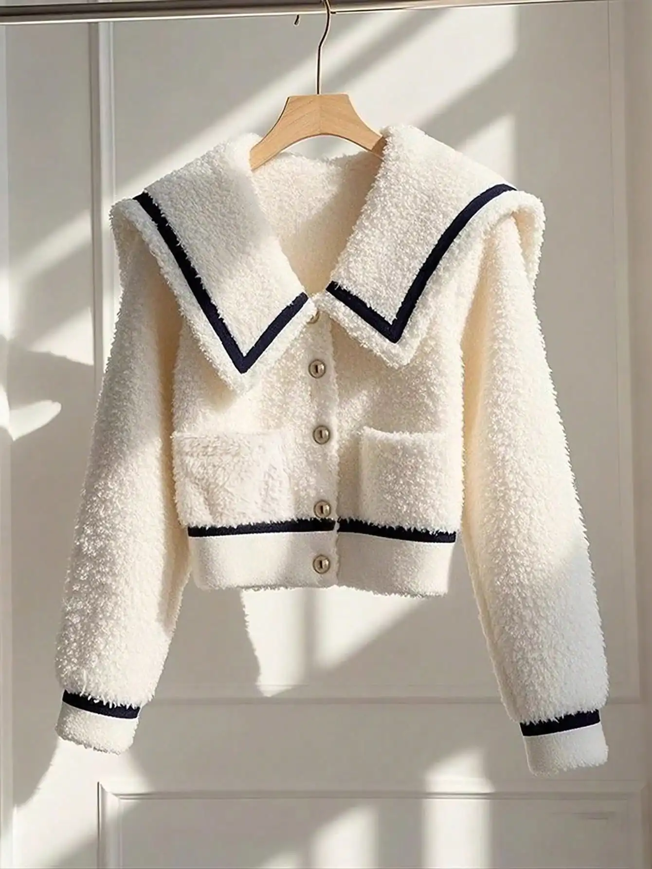 

Women's Cream Faux Fur Short Jacket with Navy Trim Collar and Buttons