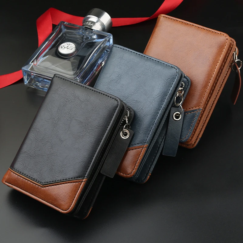 

Men's Short Leather Wallet Large Capacity Business Credit Card Holder Zipper Coin Purse Portable Male Billfold Dollar Money Clip