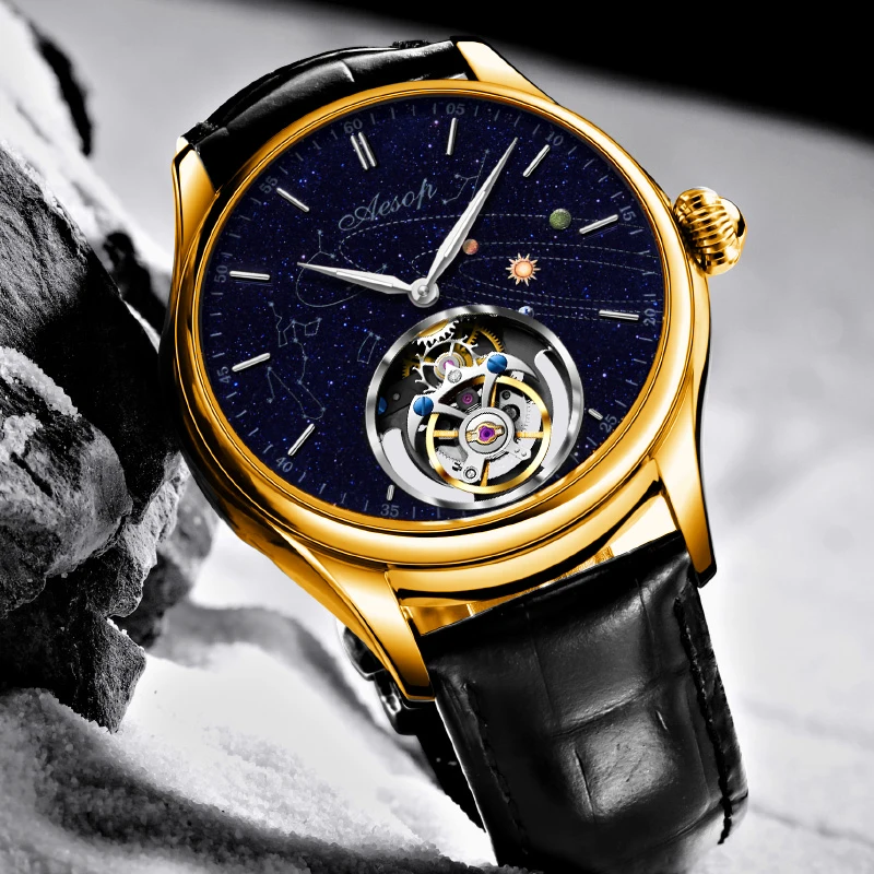 AESOP Star Sky Men Gold Tourbillon Watch Luxury Sapphire Skeleton Mechanical Watches Manual Winding Movement Waterproof Clock