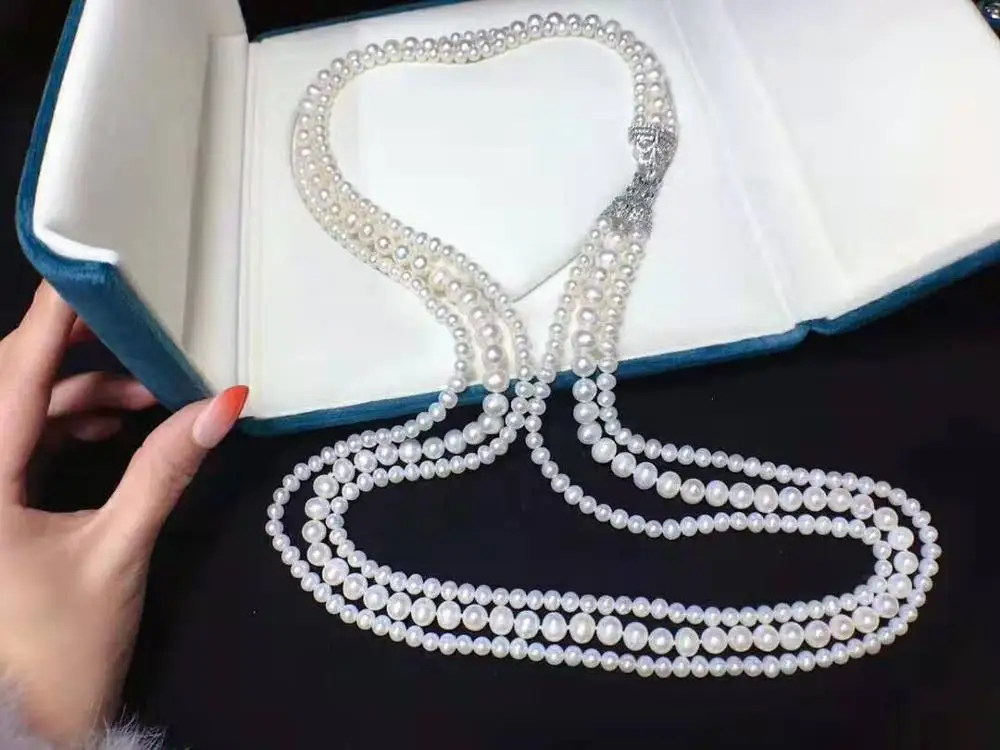 Women's jewelry 3rows 75-80cm micro inlaid zircon accessories white freshwater pearl necklace long sweater chain