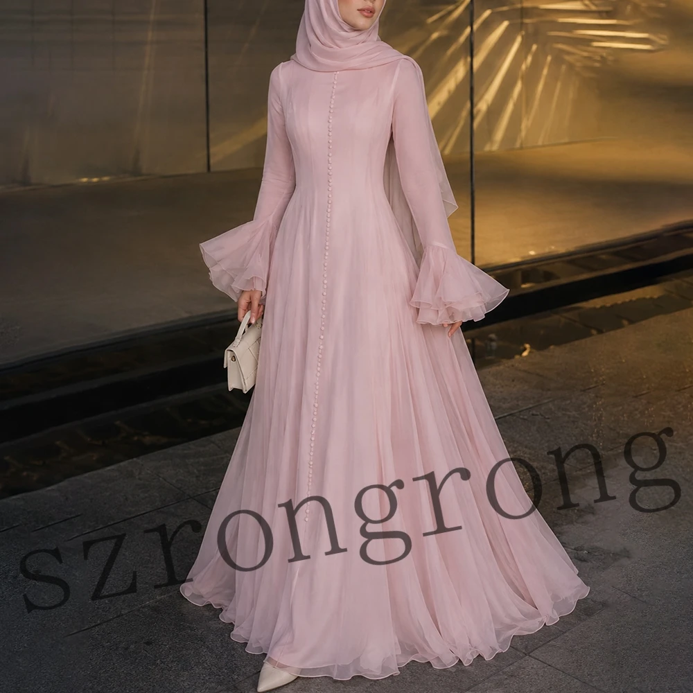 Customized Muslim Long Sleeve Tulle Evening Party Dress Button Straight Floor Length Modern Prom Bridal Dress vestido de novia