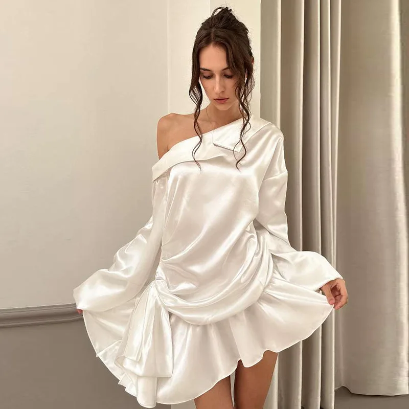 

Elegant Draped Mini Dress for Women Sexy Backless Irregular Skew Collar Long Sleeve Party Dresses Solid Color High Waist