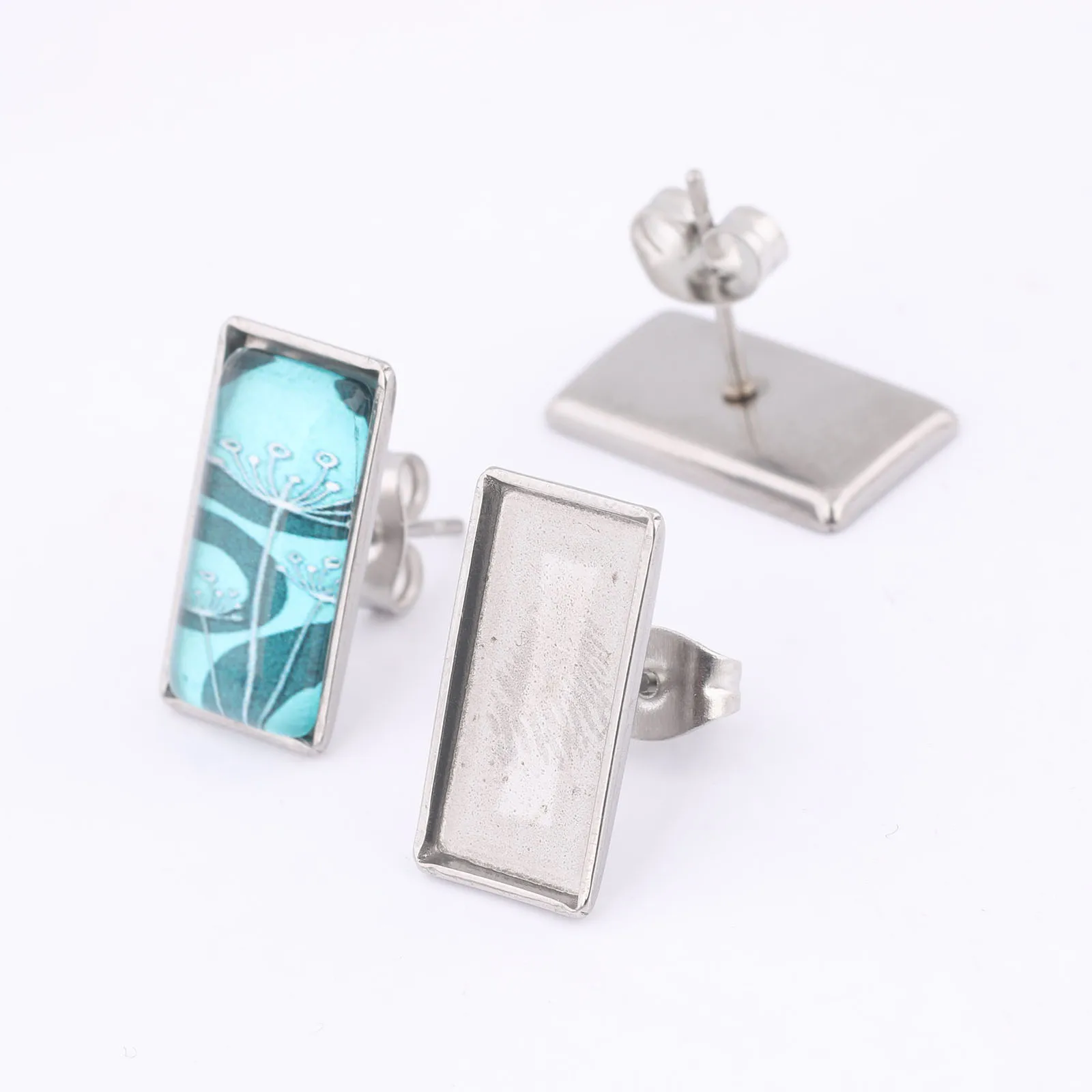 20pcs Stainless Steel 7x14.5mm Rectangle Cabochon Earring Base Blanks Studs Diy Post Earrings Bezel Findings For Jewelry Making