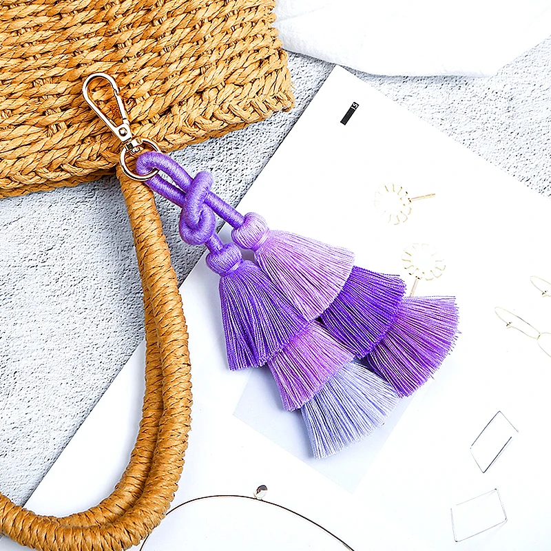 Handmade Pom Pom Colorful 3 Layered Tassel Keychain Bag charms Gradient Colors Key Holder Boho Jewelry Gift for women