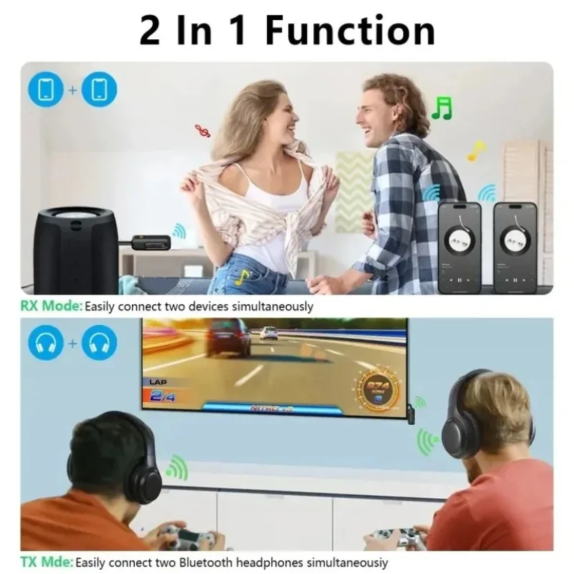 2‑in‑1 Dual Mode Bluetooth Audio TX RX Adapter 3.5mm AUX Wireless Transmitter Receiver for TV Headphones Car Stereo Home Speaker