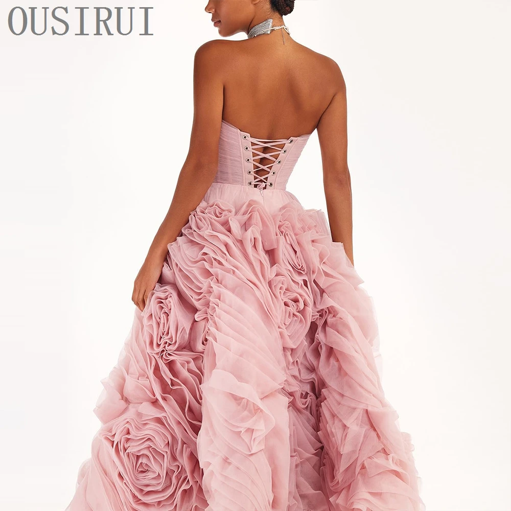 OUSIRUI Luxury Short Evening Dresses for Women Wedding Party 2024 New Elegant Pink Backless Midi Formal Prom Gowns With Flowers