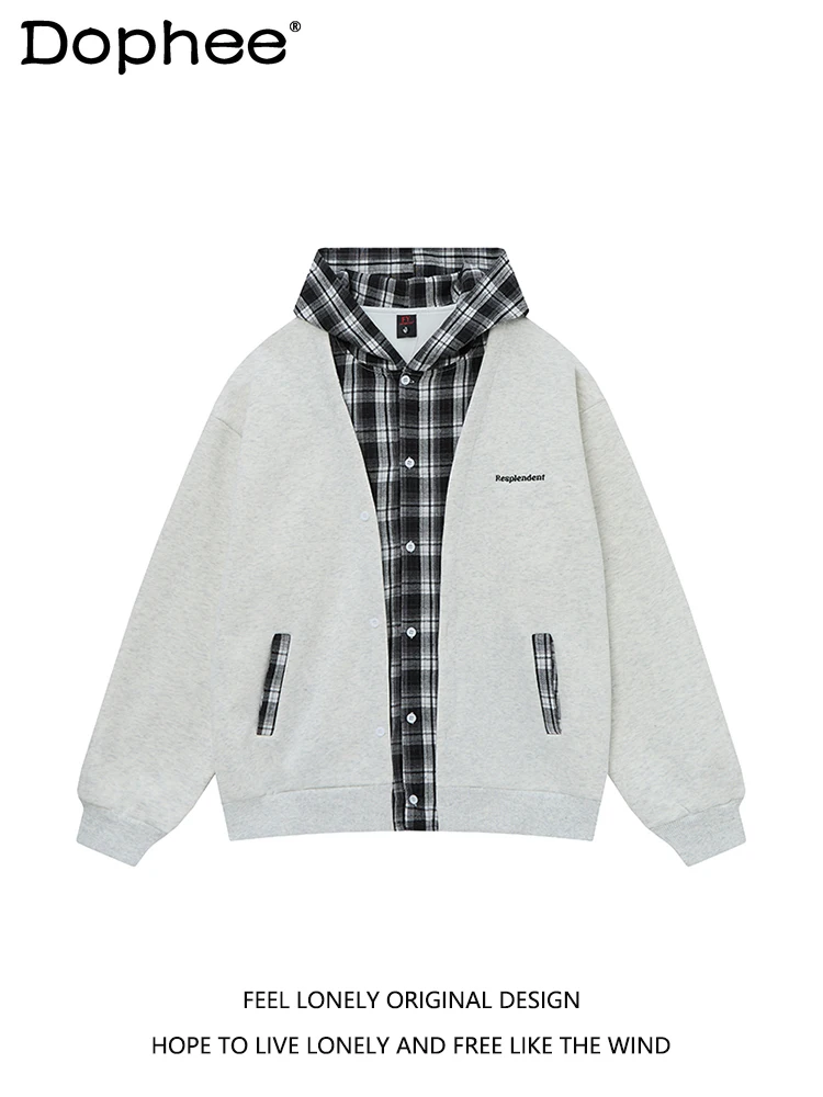 American Fashion Trend Plaid Patchwork Fleece Hooded Sweatshirt Jacket Unisex Autumn Winter Loose Casual Top