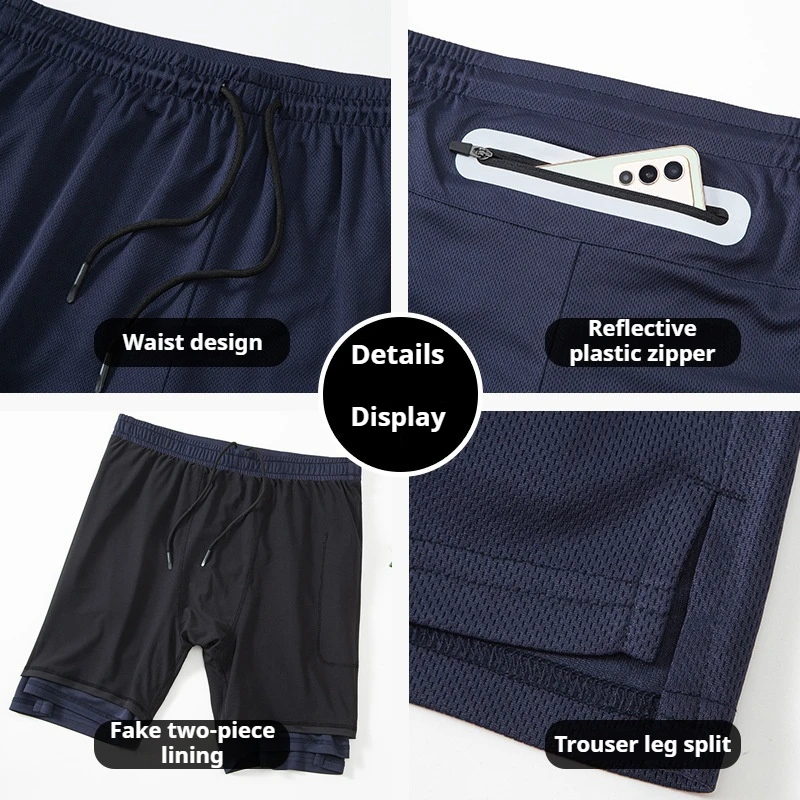Men's 2 in 1 Running Shorts Quick Dry with Zippered Side &Waist Pockets Breathable Gym Summer Sports Training Shorts Inner Liner