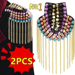 2PCS Jacket Vintage Brooch Accessories Club Tassel Chain Epaulette Rivet Shoulder Badges Pin Style Fashion Evening Party Decors