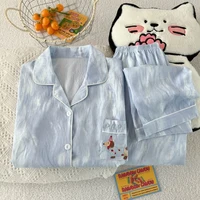 Spring and autumn pajamas for women, casual cardigan with reversible collar, long sleeves, long pants, home wear two-piece set. - Image 4