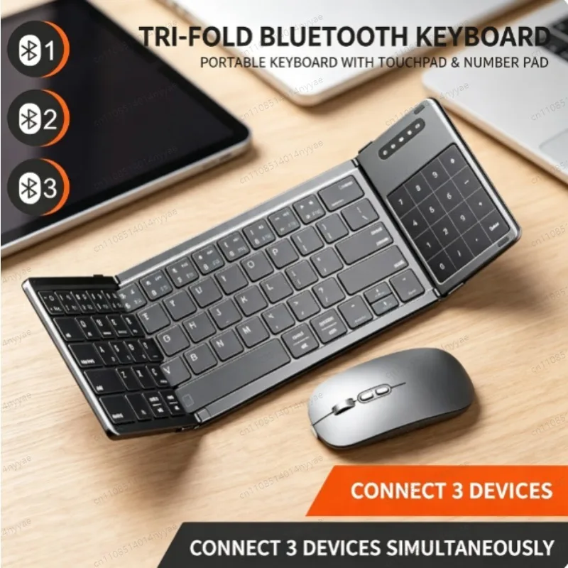 Foldable Bluetooth Keyboard Tri-Folding Full Size Wireless with Touchpad for Desktop Laptop Tablet