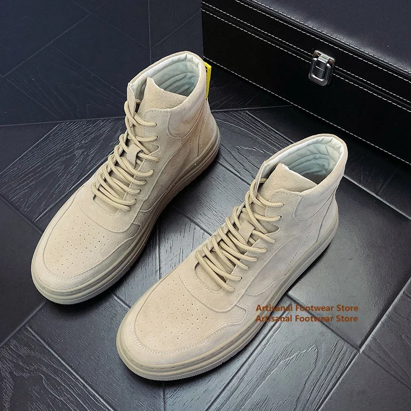 

Khaki Suede High-Top Boots Thick-Soled Men's Lace Up Casual Shoes British Style Trendy Handmade Cowhide Men's Shoes Botas Mujer