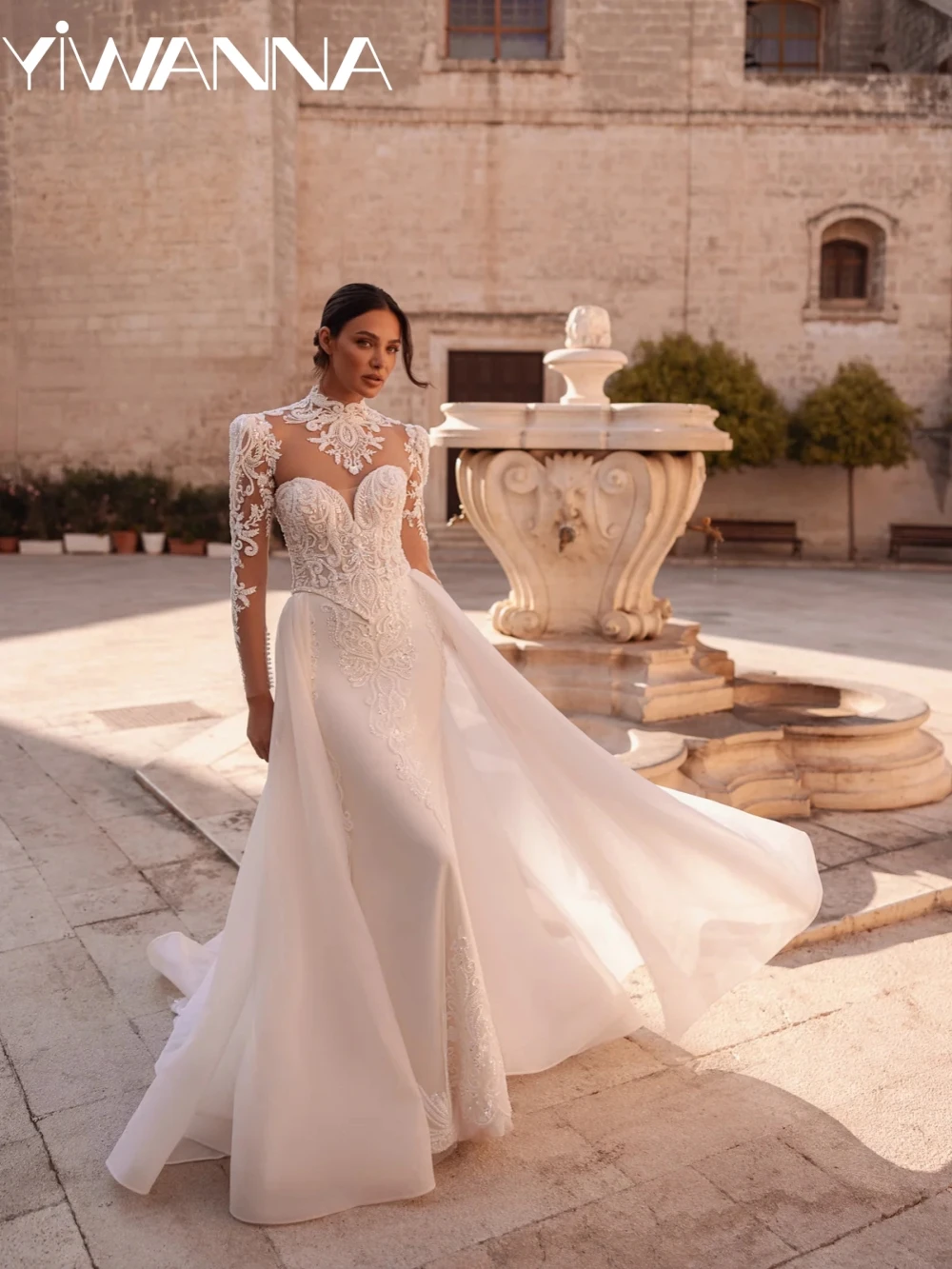 ชุดแต่งงานแขนยาวประดับลูกปัดแบบถอดได้ สีไอวอรี่ คอสูงทรงเมอร์เมด ชุดใหม่สั่งตัดได้ ชุดเจ้าสาวที่มีเสน่ห์