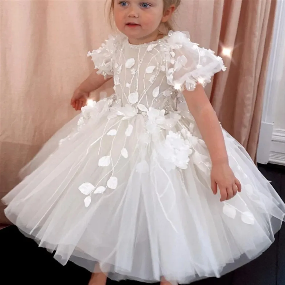 

Elegant Flower Girls Dress for Wedding Appliques Floral Short Sleeves Birthday Party Dress Princess First Communion Ball Gown