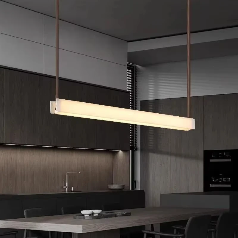 Spanish Natural Marble Chandelier Living Room Restaurant Designer Creative Pure Copper Leather Long Pendant Lamp Over The Table